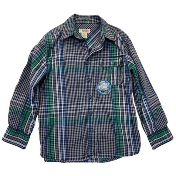Route 66 Plaid Button Down Shirt navy green white checked boys Size Medium 8 - Picture 7 of 7